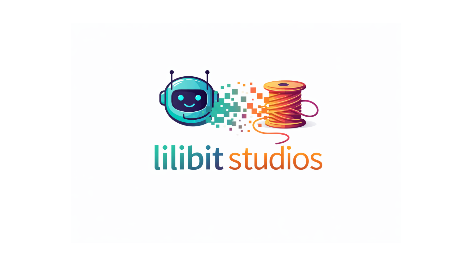 Logo of lilibit studios featuring a robot and spool of thread on a white background